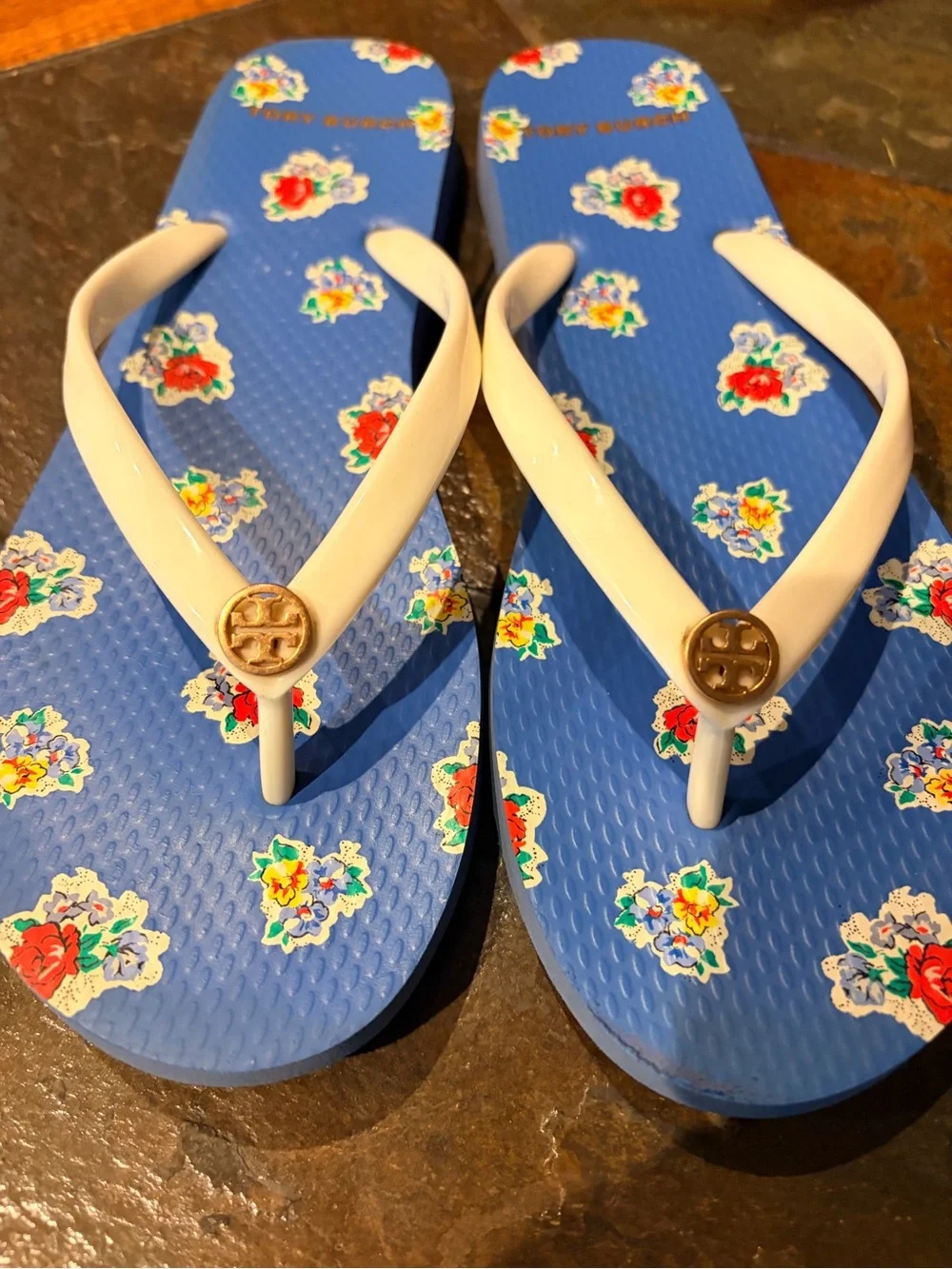 Tory Burch Blue Floral Flip Flops with Cream Straps and Gold Logo